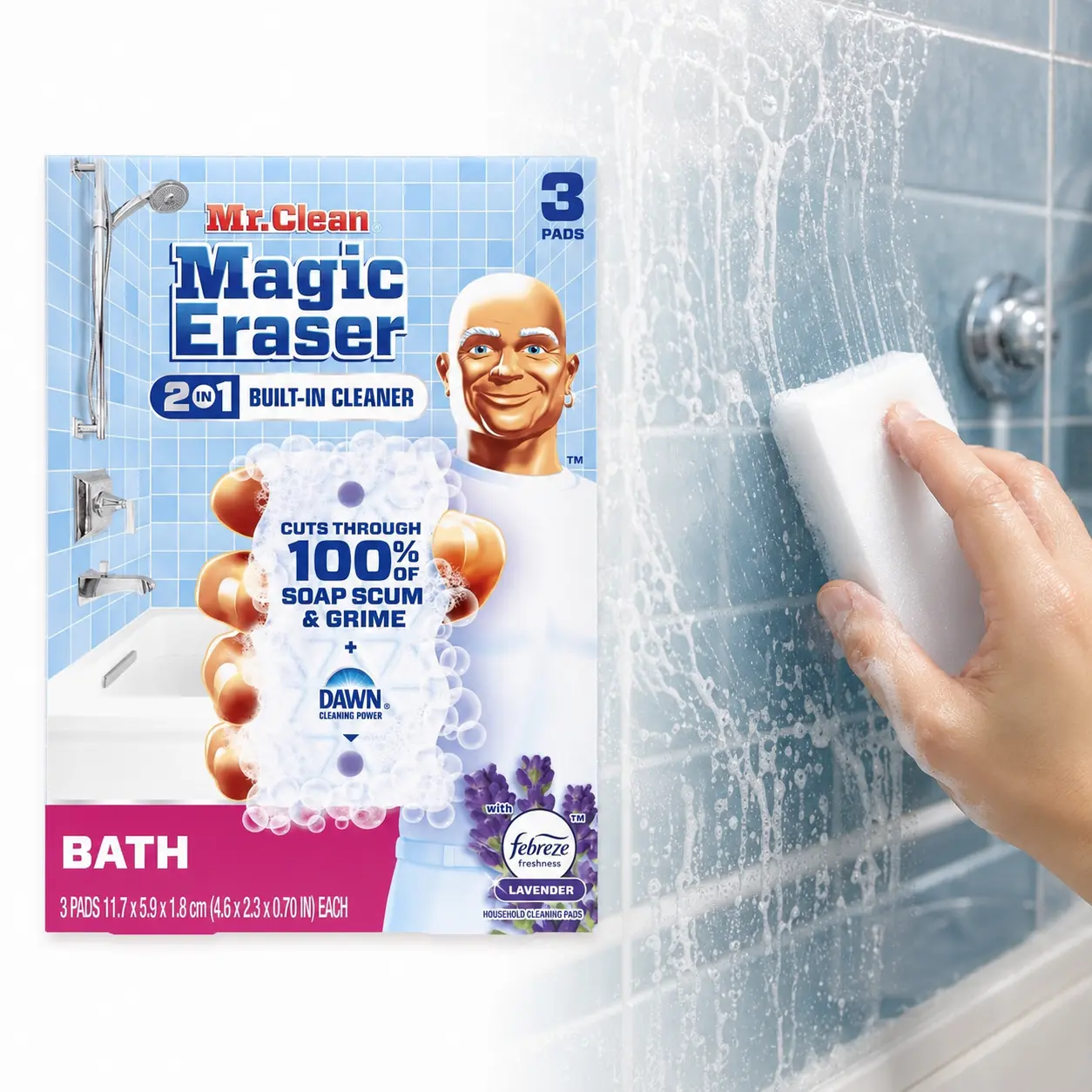 Mr. Clean Magic Eraser Ultra Bath Sponge 3 ct,Lavender Febreze scent,soap scum,shaving cream,toothpaste,makeup,tile grout grime,bathroom floor,wall marks,tub,sink,shower,active foaming cleanser,wet squeeze erase,melamine foam,non-scratch,seasonal cleaning