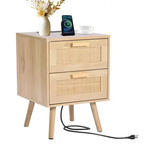 Vevor Rattan Nightstand End Table,  , Side Table with 2 Hand Made Rattan Decorated Drawers, Wood Accent Table with Storage for Bedroom, Natural
