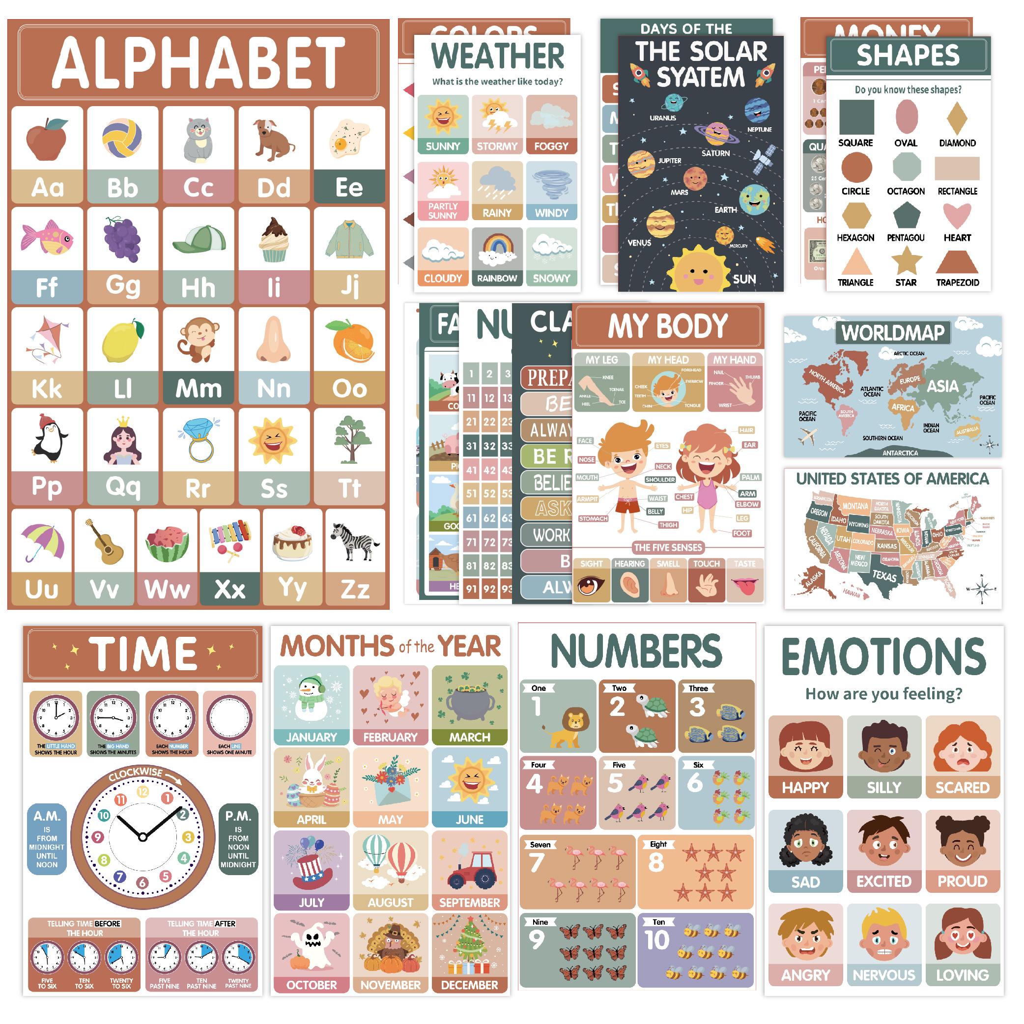 18 Modern Bohemian Educational Posters for Preschoolers Laminated Preschool and Kindergarten Learning Charts for Toddlers Homeschool Classroom Decorations for Children's Walls