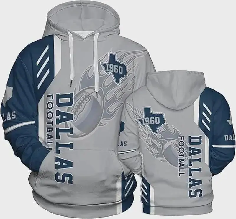 Dallas Team Football 3D Hoodie, Realistic All-Over Print Unisex Graphic Pullover Sweatshirt, Game Day Fan Apparel & Modern Sports Streetwear for Men Women
