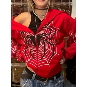 Y2K Spider Print Zip Up Hoodie, Long Sleeve Hoodies Sweatshirt, Women's Clothing Collar Fabric Tops Casual