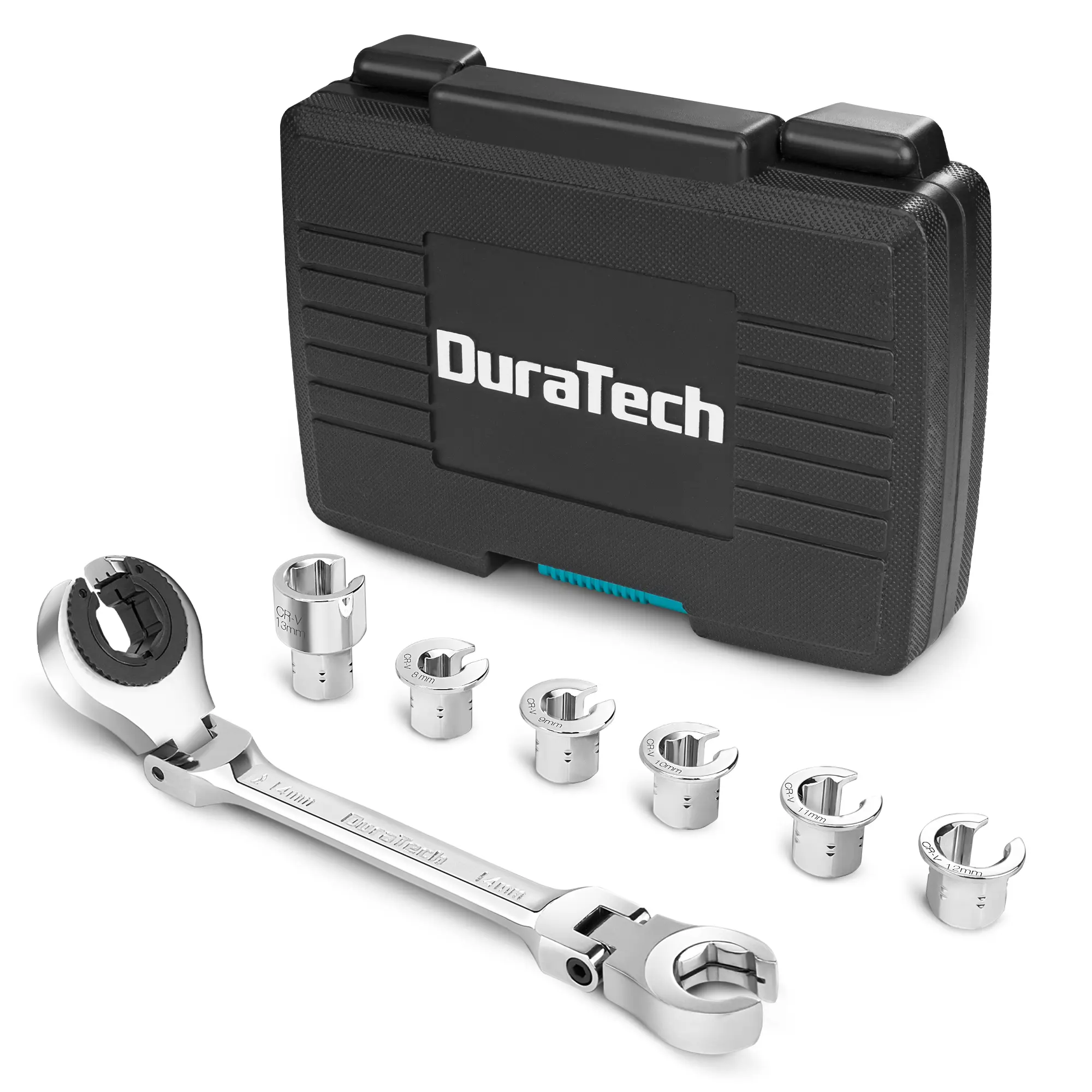 #fathersdaygift DURATECH 7-In-1 Ratcheting Wrench Set with Open Flex-head, Metric Ratcheting Tubing Wrench Set, 8-14mm, 72-Tooth Gear, CR-V Steel, with Tool Box, Gifts for Men