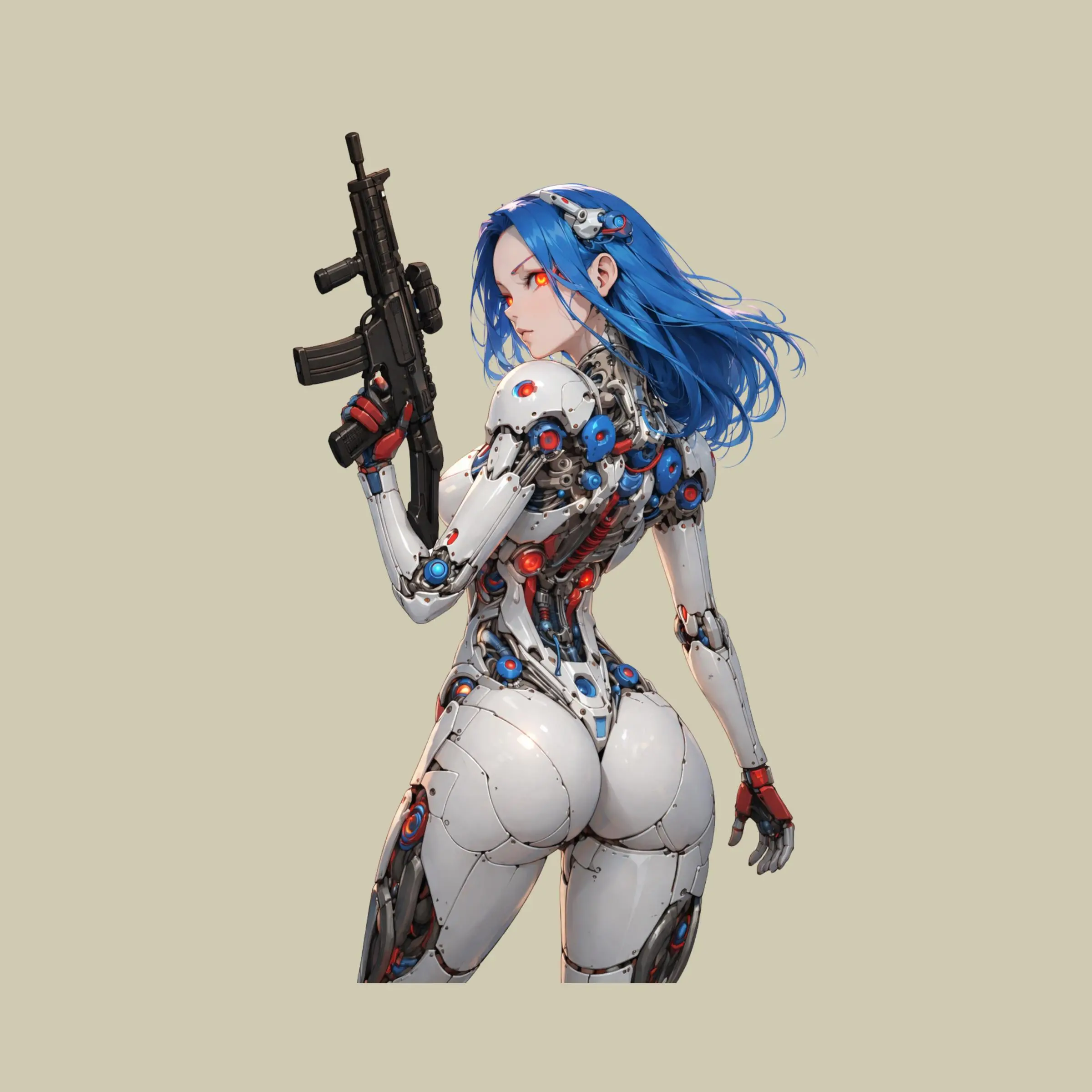 Blue Cyber Warrior Girl Sticker,  Futuristic Robot Armor, Tech Combat Aesthetic