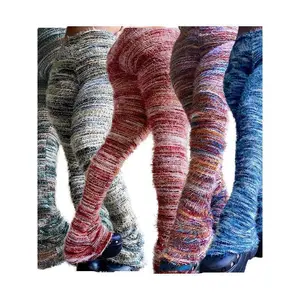 Women's Minimalist Striped Print Flare Leg Fuzzy Sweater Pants, Casual Wear, Fashion Street Style Comfort Knit Bell Bottom Trousers, Women's Basic Knitwear, Pants for Women, Clothes Women, Fall Outfits Christmas Blue Womenswear