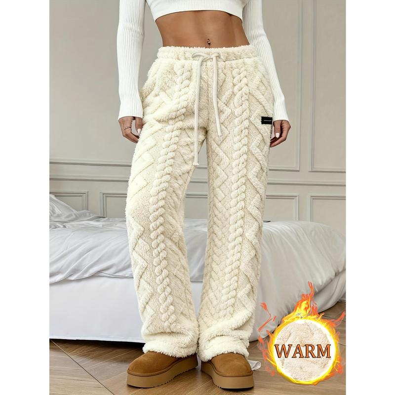 Women's Winter -Lined Casual Pants, Jacquard Fabric, Drawstring Waist, Suitable for Winter Home and Outdoor Wear