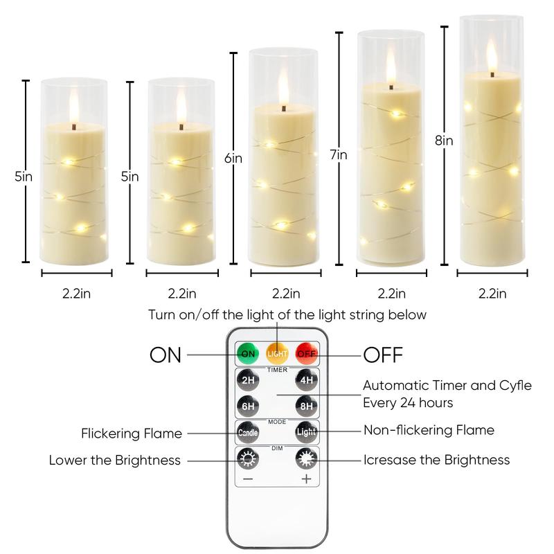 Raycare Flameless LED Candles with Embedded Star String, 5 Pcs Battery Operated Acrylic Pillar Candles with Timer and Remote, Flickering Candles for Romantic Ambiance and Home Decoration Mood Decorative