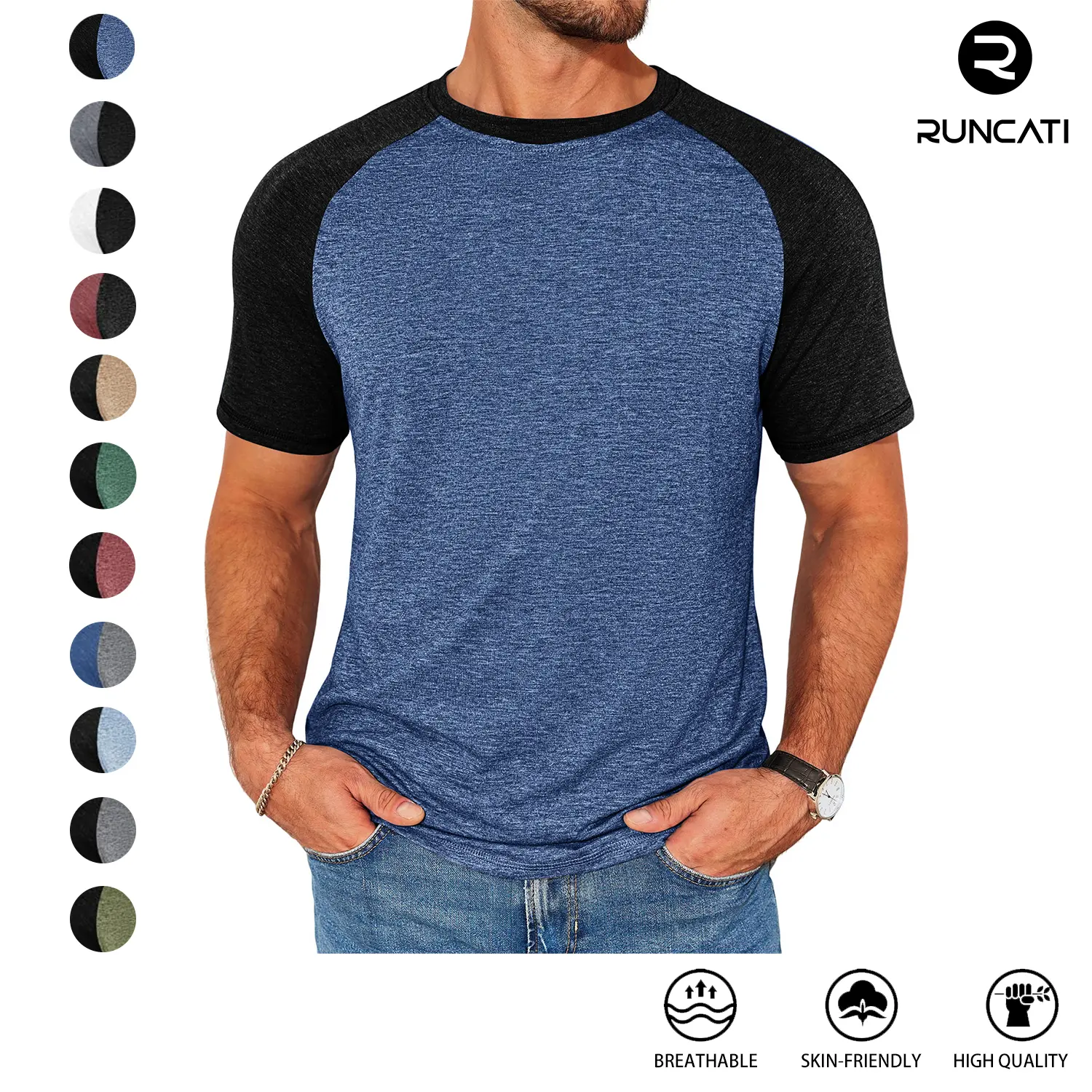Runcati Mens Casual Slim Fit T Shirts Raglan Short Sleeve Crewneck Baseball Tees Color Block Workout Fashion Shirt