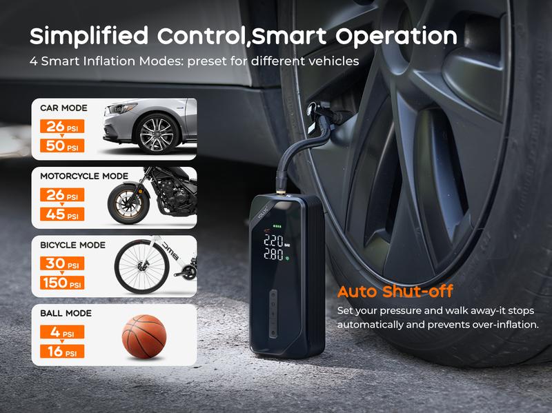 2026 Upgraded VOLLYC Cordless Tire Inflator Portable Wireless Air Compressor 150 PSI High-Pressure Air Pump with 4 Preset Modes for Cars and Inflatables,  Lightweight Automotive Vehicle Tool Car Repair Tools with Long Lasting Battery