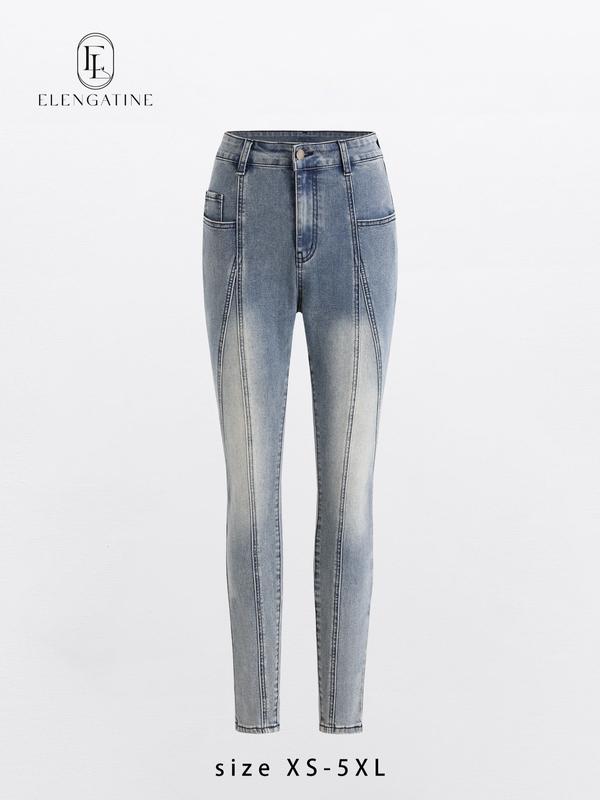 Elengatine Mid Rise Stretch Skinny Jeans - Medium Wash Women's Vintage Light Wash with Contrast Stitch Fit Bottom Fashionable All Seasons Below the Ankle Jeans for Trendy Streetwear and Daily Wear Pants Trouser