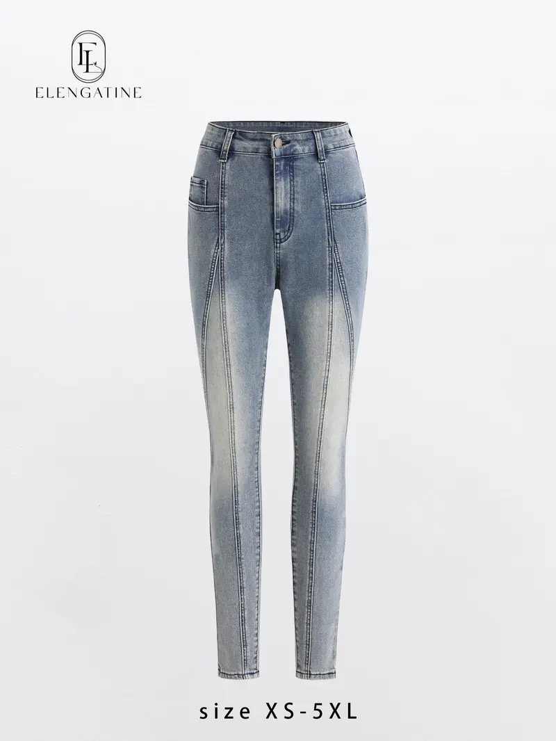 Elengatine Mid Rise Stretch Skinny Jeans - Medium Wash Women's Vintage Light Wash with Contrast Stitch Fit Bottom Fashionable All Seasons Below the Ankle Jeans for Trendy Streetwear and Daily Wear Pants Trouser