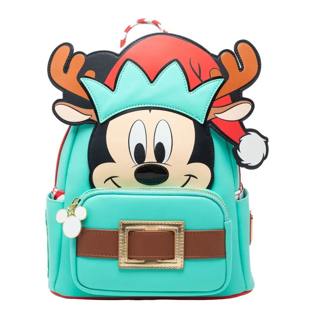 Loungefly Disney Light-Up Mickey Mouse Reindeer Cosplay Mini Backpack - 707 Street Exclusive with Faux Leather, Glowing Nose, and Antlers, Gold Hardware, Multiple Storage Compartments, Printed Applique, Adjustable Straps