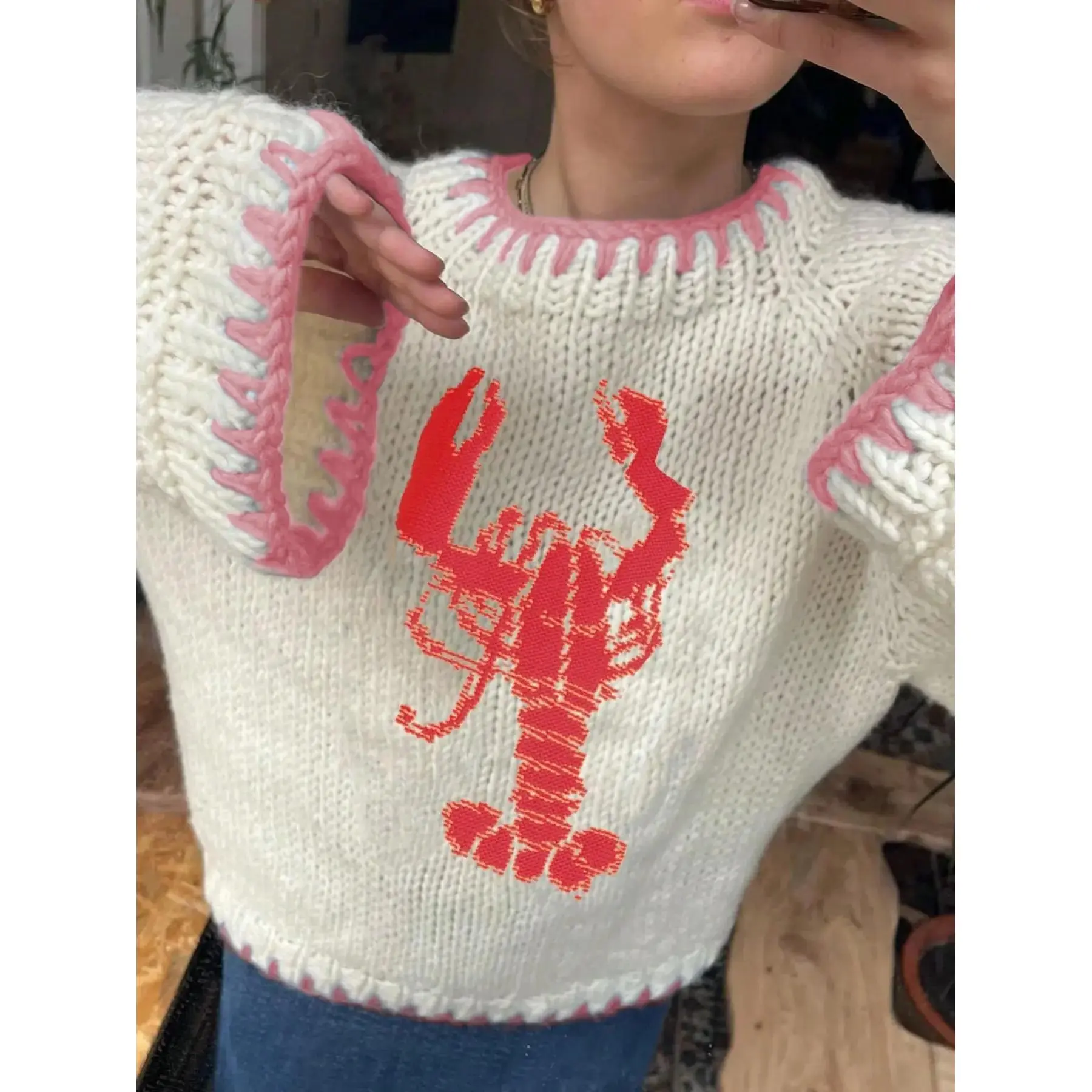 Women's Fashion Sweater, Knitwear, Womenswear, Fall & Winter Animal Pattern, Multicolor Crescent Design, Lobster Print, Casual Fitted Knit Top