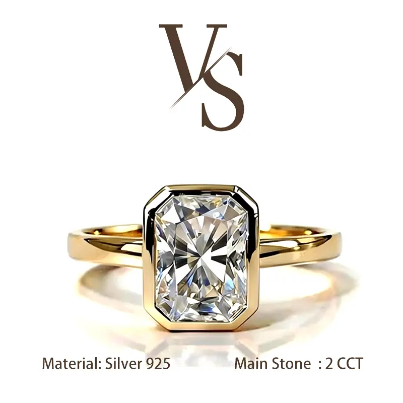 [Venus Jewelry] Synthetic Moissanite 2 CCT Radiant Cut Bezel Design VVS 1 D Color Solid Silver 925 Solitare Ring