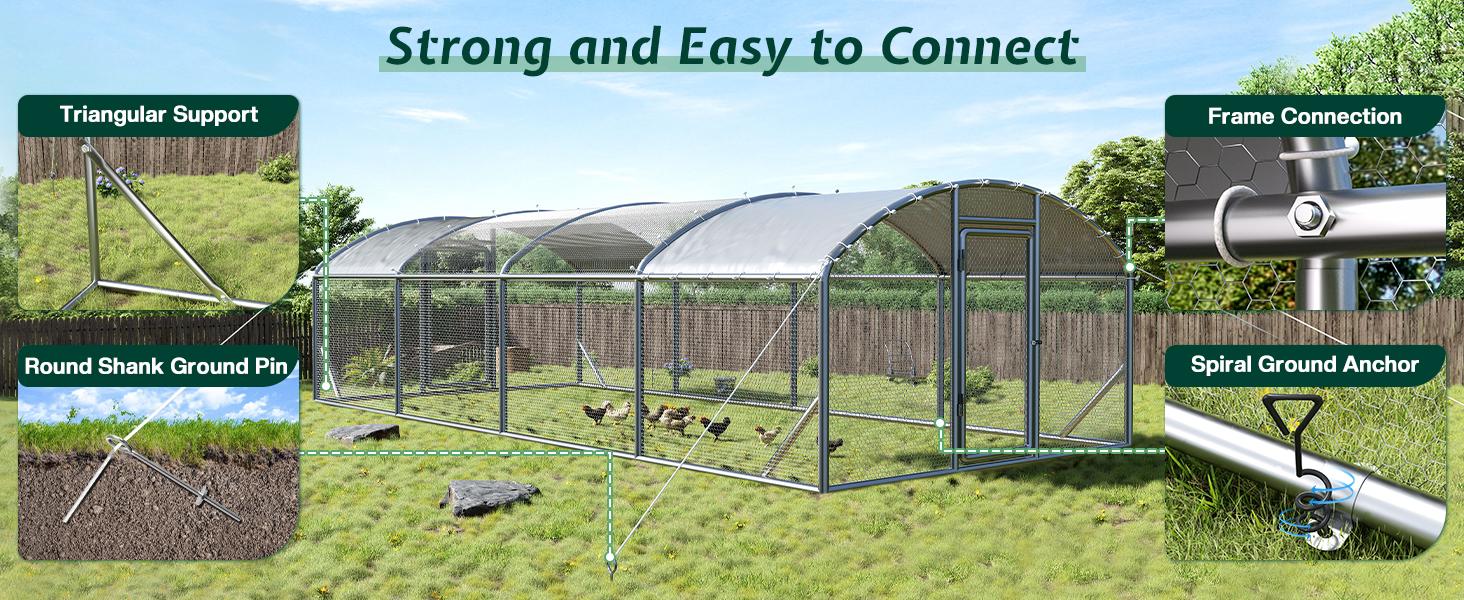 VanAcc Large Chicken Coop with Perch and Hinged Door, Spire Roof Walk-in Chicken Run with Metal Frame and PE Cover for Backyard Poultry, Ducks, Rabbits