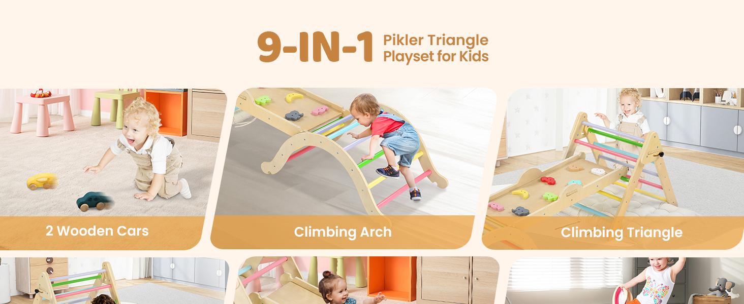 JOYMOR 9-in-1 Pikler Triangle Set with Cushion (Large), Montessori Wooden Climbing Set for Toddlers with Colorful-Patterns Rocks, Seesaw, Arch, Foldable Ladder, Ramp, Toddler Climbing Toys Indoor