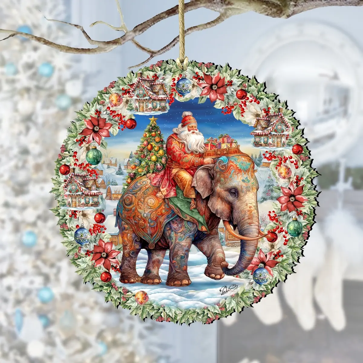 Designocracy 8611043 Handmade Sturdy Wood Vintage Christmas Decor Ornament - 5x5.5x0.25 in Santa on Elephant Wreath, Festive Home Accent, Holiday Gift, Gift Bag Compatible, Sun Protection Feature, 5X5.5"