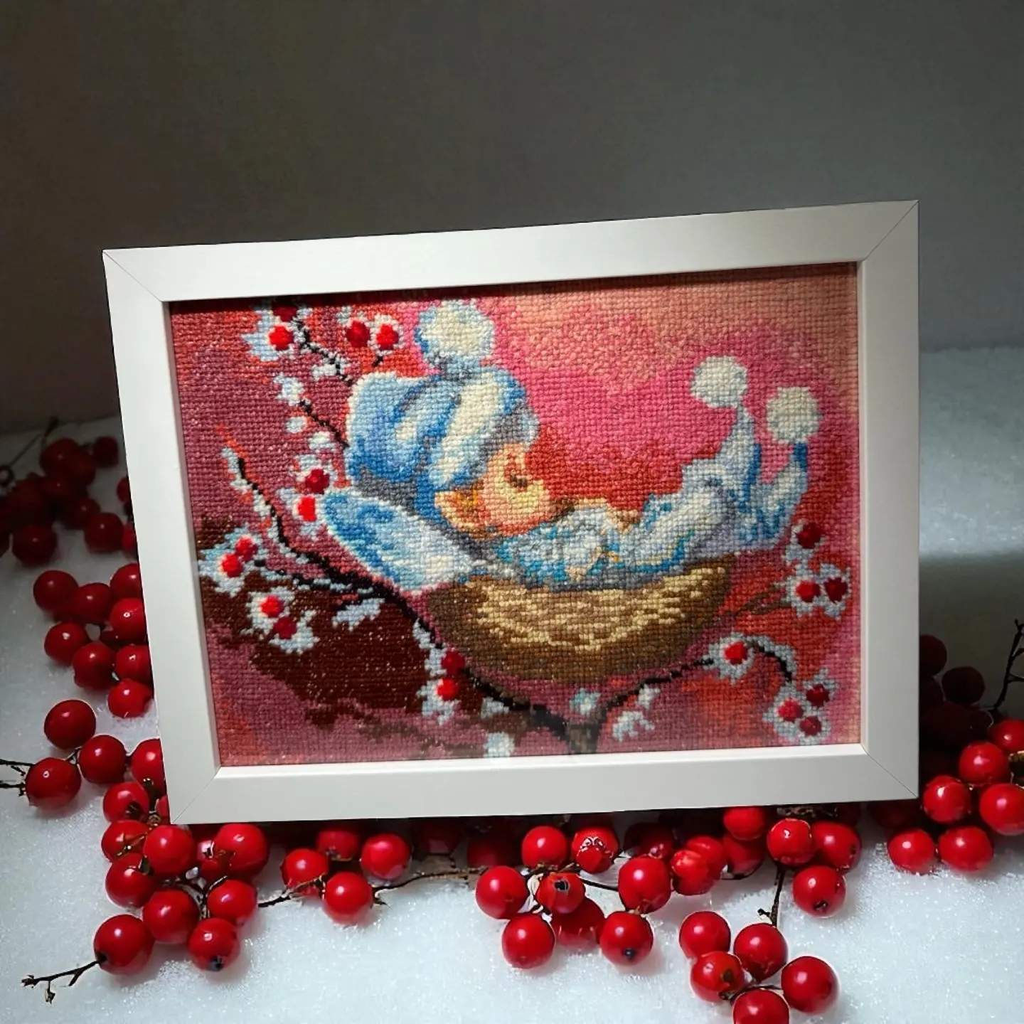 Embroidered Picture "Little Elf" - Hand-Embroidered Acrylic Artwork in Small Cross Stitch Style - Durable Canvas with Wood Frame - Perfect for Nursery Décor or Gift Decor Hanging