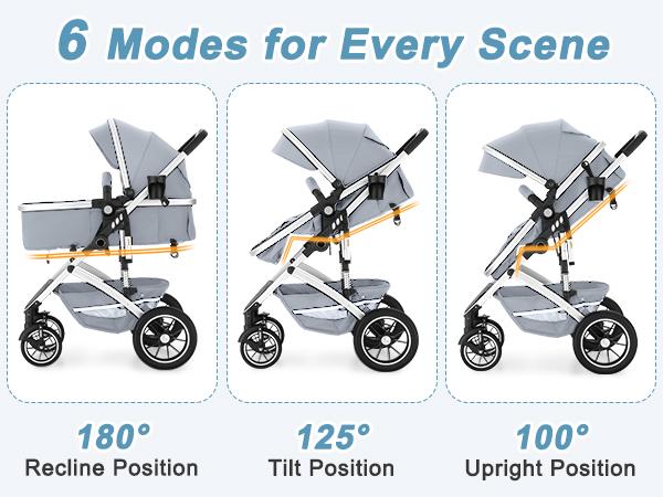 EROMMY 6-in-1 Baby Stroller with Bassinet, Convertible Infant Stroller with Adjustable Backrest & Canopy, Foldable Pushchair with Reversible Seat and Cover for Newborn 0-36 Months (Gray, Black)