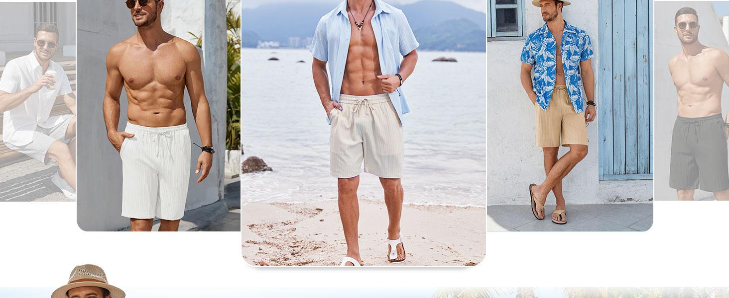 COOFANDY Men's Beach Shorts 9" Elastic Waist Drawstring Casual Shorts Regular Fit Summer Textured Shorts COOFANDY Men's Beach Shorts 9" Elastic Waist Drawstring Casual Shorts Regular Fit Summer Textured Shorts