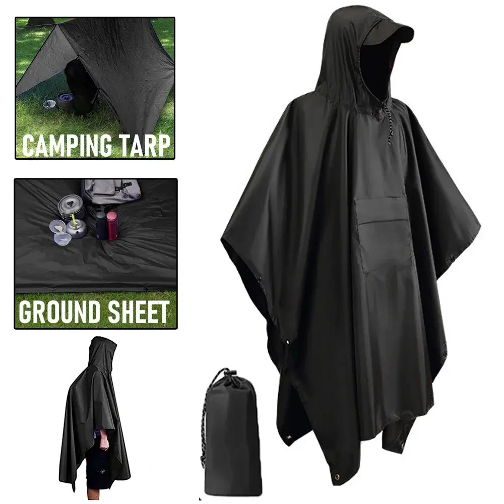 3-in-1 Outdoor Hooded Raincoat, Waterproof Motorcycle Poncho, Rain Cover for Camping, Hiking, Traveling, Tent Black Lightweight Rain Coat