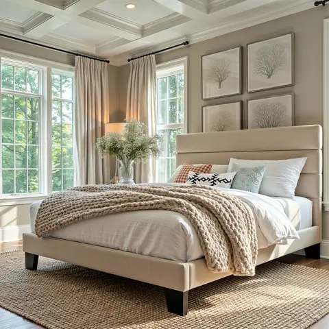 HOOMIC Upholstered Platform Bed Frame【Frame Only No Mattress】- Fabric Headboard with Strong Wood Slats,Full/Queen/King,Beige/Dark Grey/Navy Blue/Velvet Black/White,No Box Spring Needed