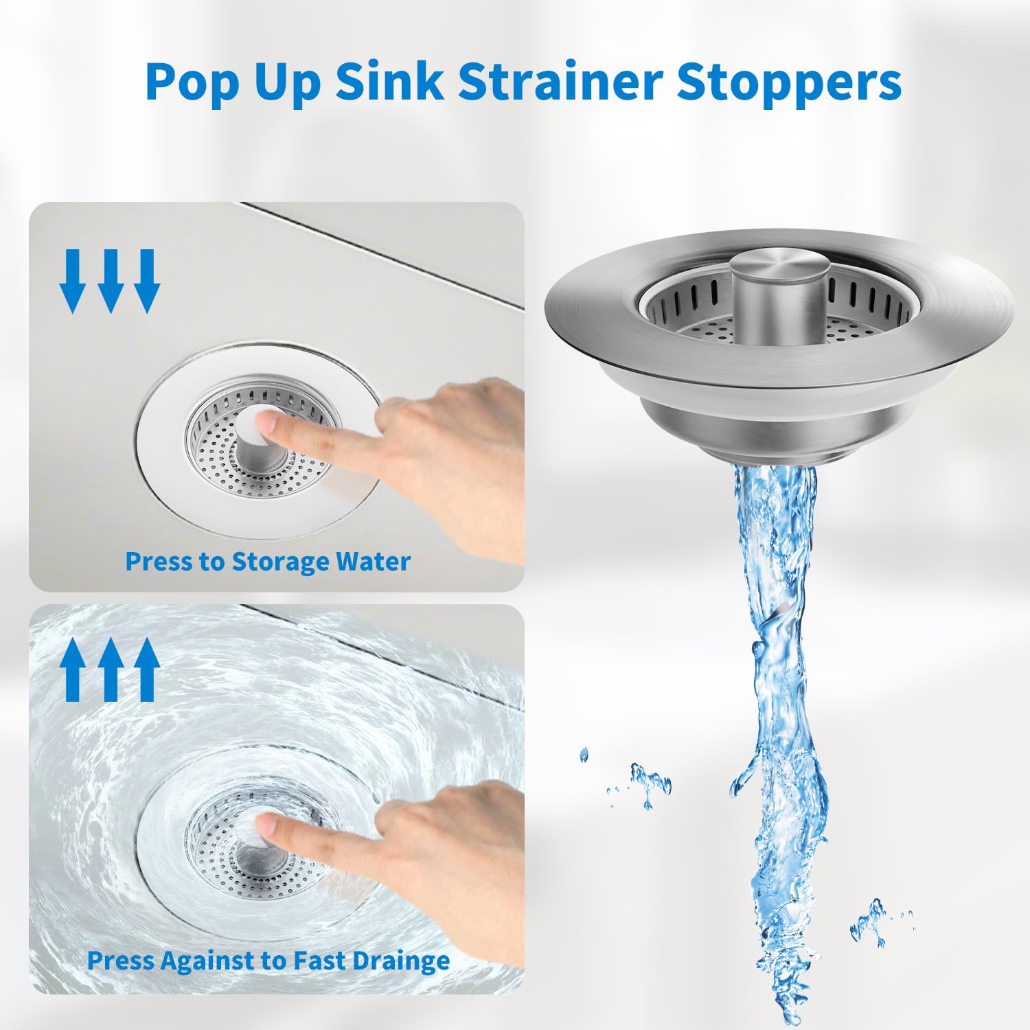 2PC Kitchen Sink Drain Strainer 3 in 1 304 Stainless Steel Pop-UpSink Stopper with Filter Basket, Anti-Clogging Function,Tool-Free Installation