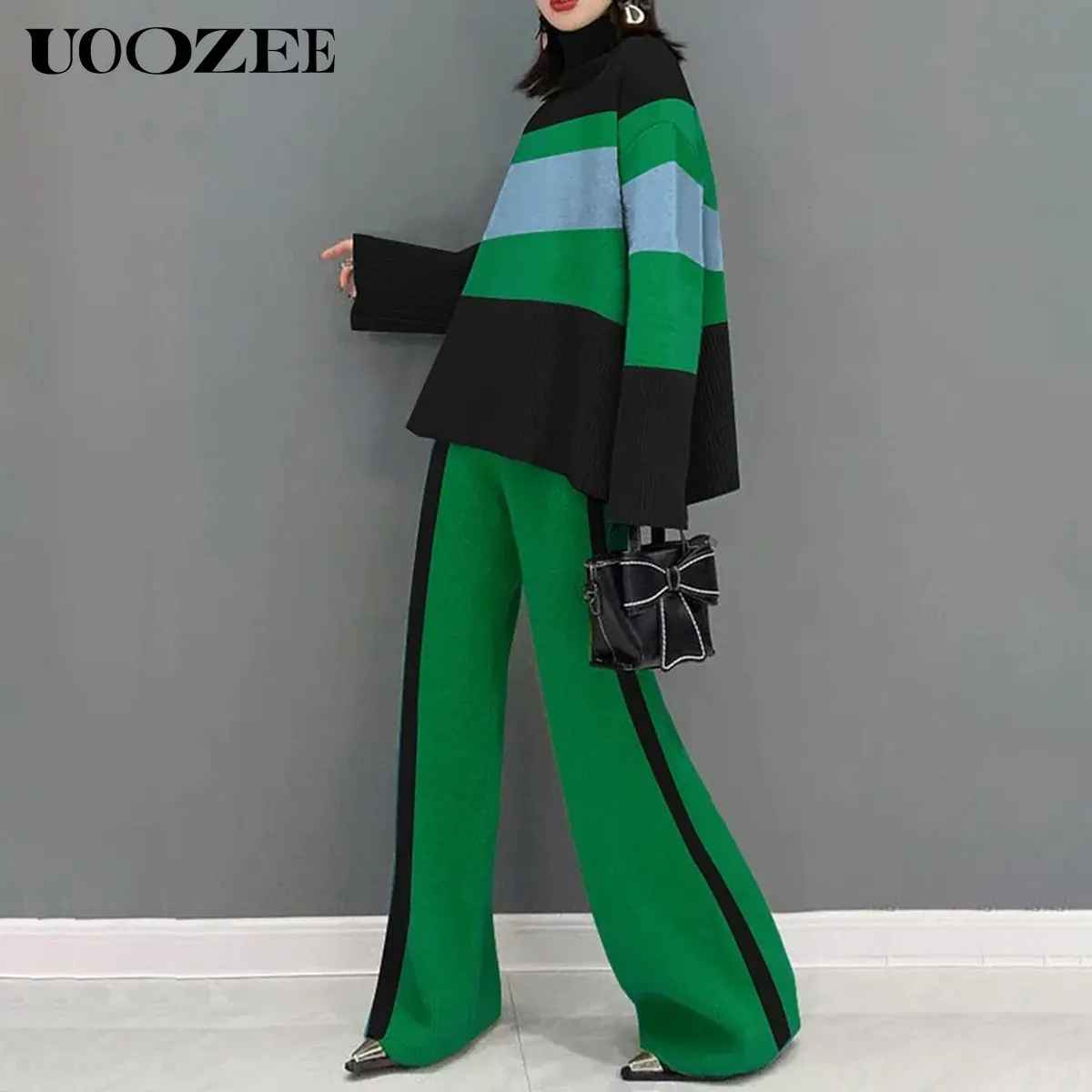 UOOZEE Women's 2-Piece Nylon Knit Style Clothing Set - Long-Sleeve High-Neck Contrast-Color Split-Joint Flared-Sleeve Sweater Top, High-Waisted Loose-Fit Matching Trousers for Everyday Wear