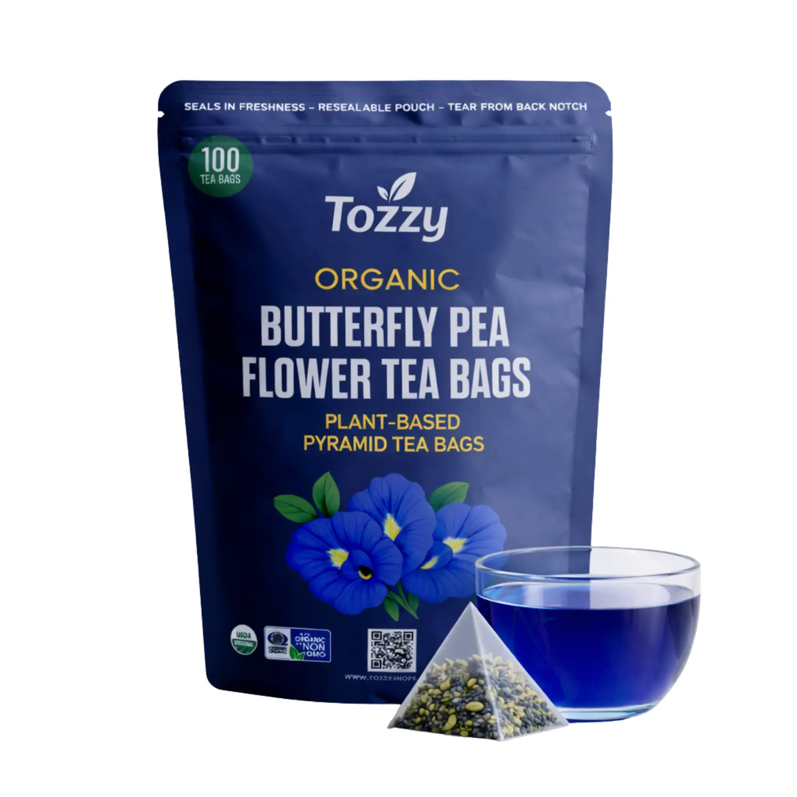 Tozzy Organic Butterfly Pea Flower Tea | 100 Count Plant-Based Pyramid Tea Bags