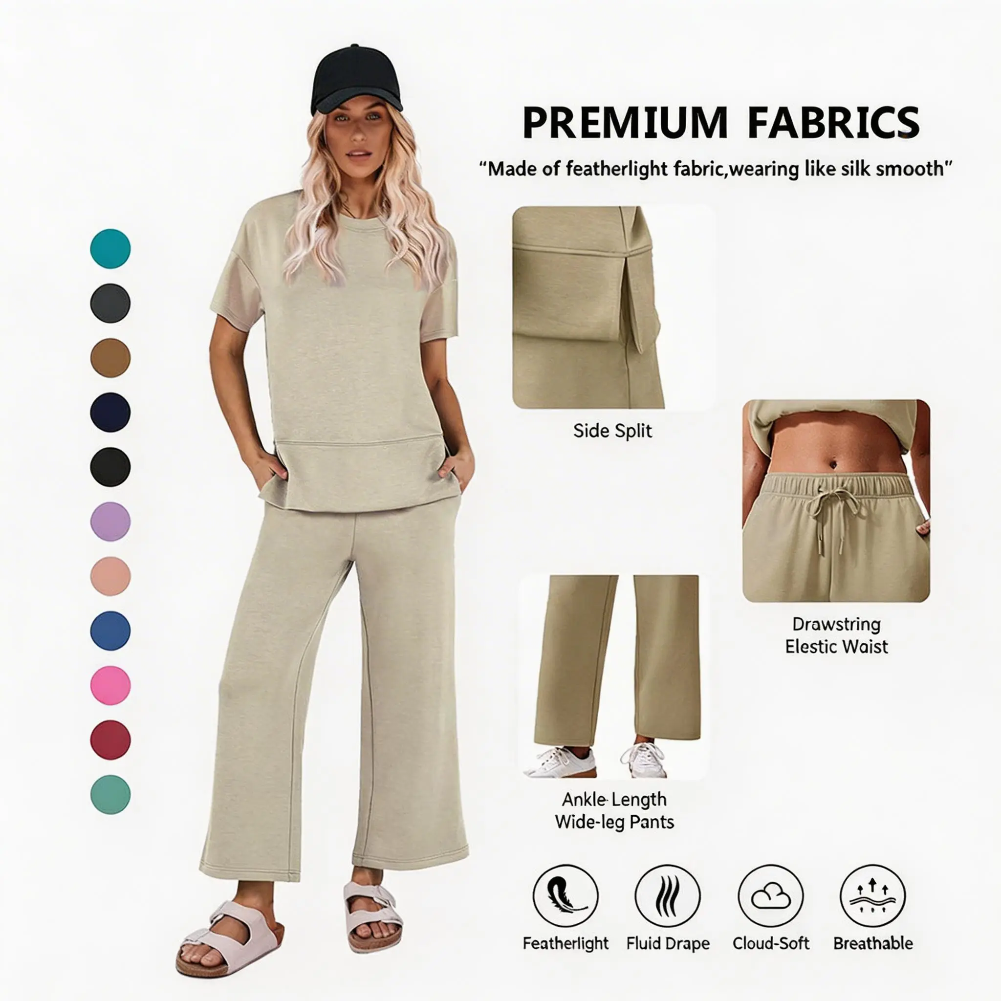 Pinspark Women's Two-Piece Set: Summer Outfit, Loose-Fitting Wide-Leg Pants, Casual Set: Perfect for the airport, the beach, and vacations; short sleeves; soft fabric; available in a variety of colors and sizes tiktokshopbacktoschool