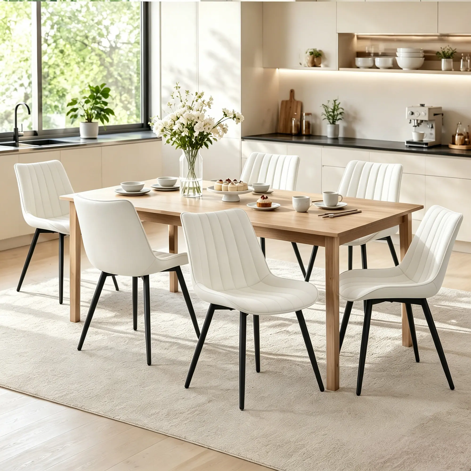 Modern Dining Chairs Set of 4, Cream White PU Leather Upholstered Kitchen Chairs with Pleated Channel Back & Matte Black Metal Legs, Mid Century Accent Chairs for Dining Room, Waterproof Side Chairs