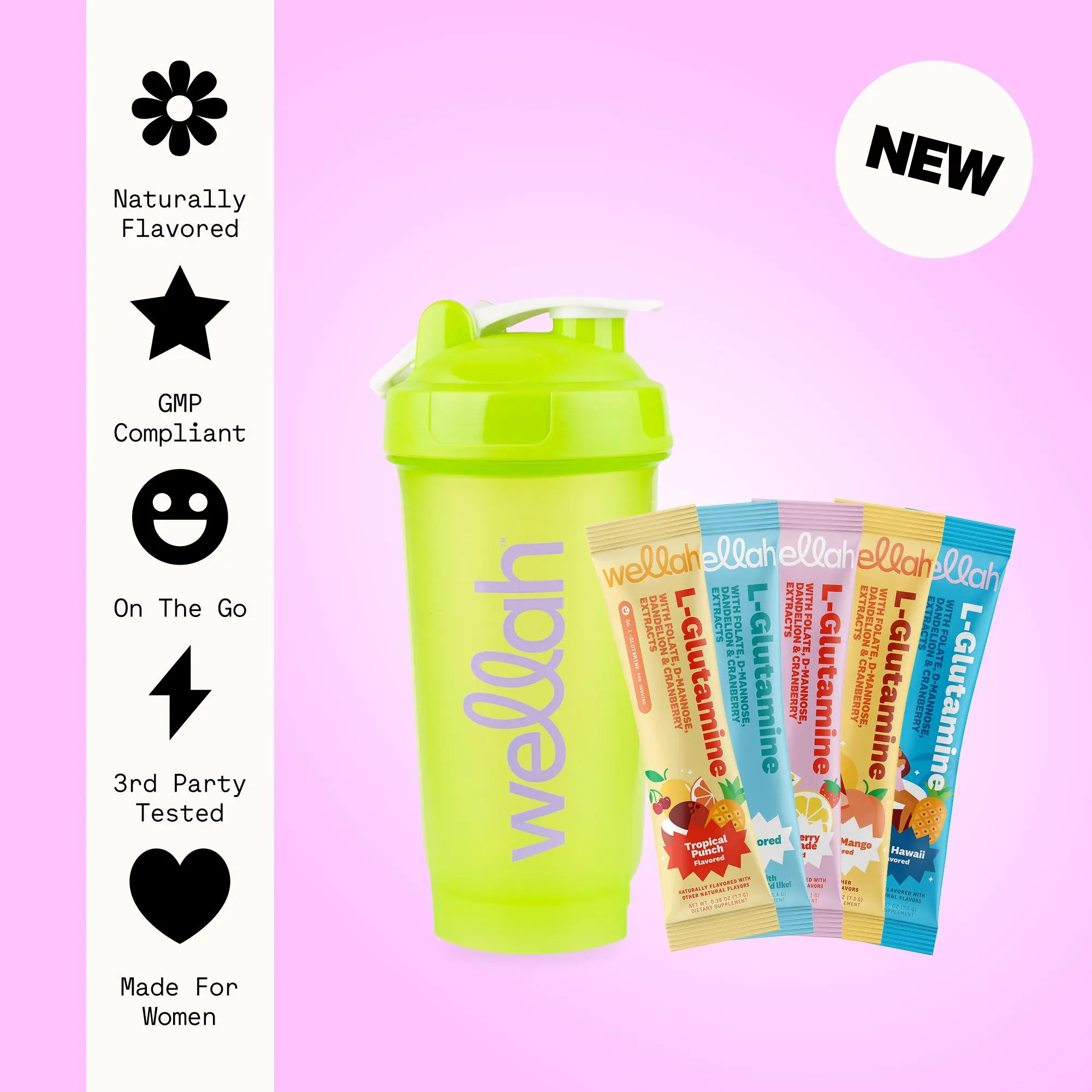 Wellah L-Glutamine Sample Pack + Shaker Bottle | Includes Tropical Punch, Strawberry Lemonade, Unflavored, Peach Mango & Blue Hawaii | Supports Gut Health And Muscle Recovery