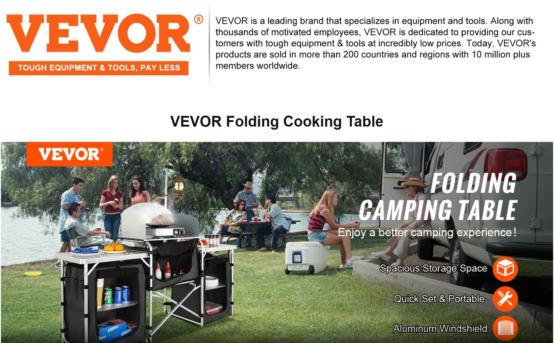 VEVOR Camping Kitchen Table, Folding Outdoor Cooking Table with Storage Carrying Bag, Aluminum Cook Station 3 Cupboard & Detachable Windscreen, Quick Set-up for Picnics, BBQ, RV Traveling