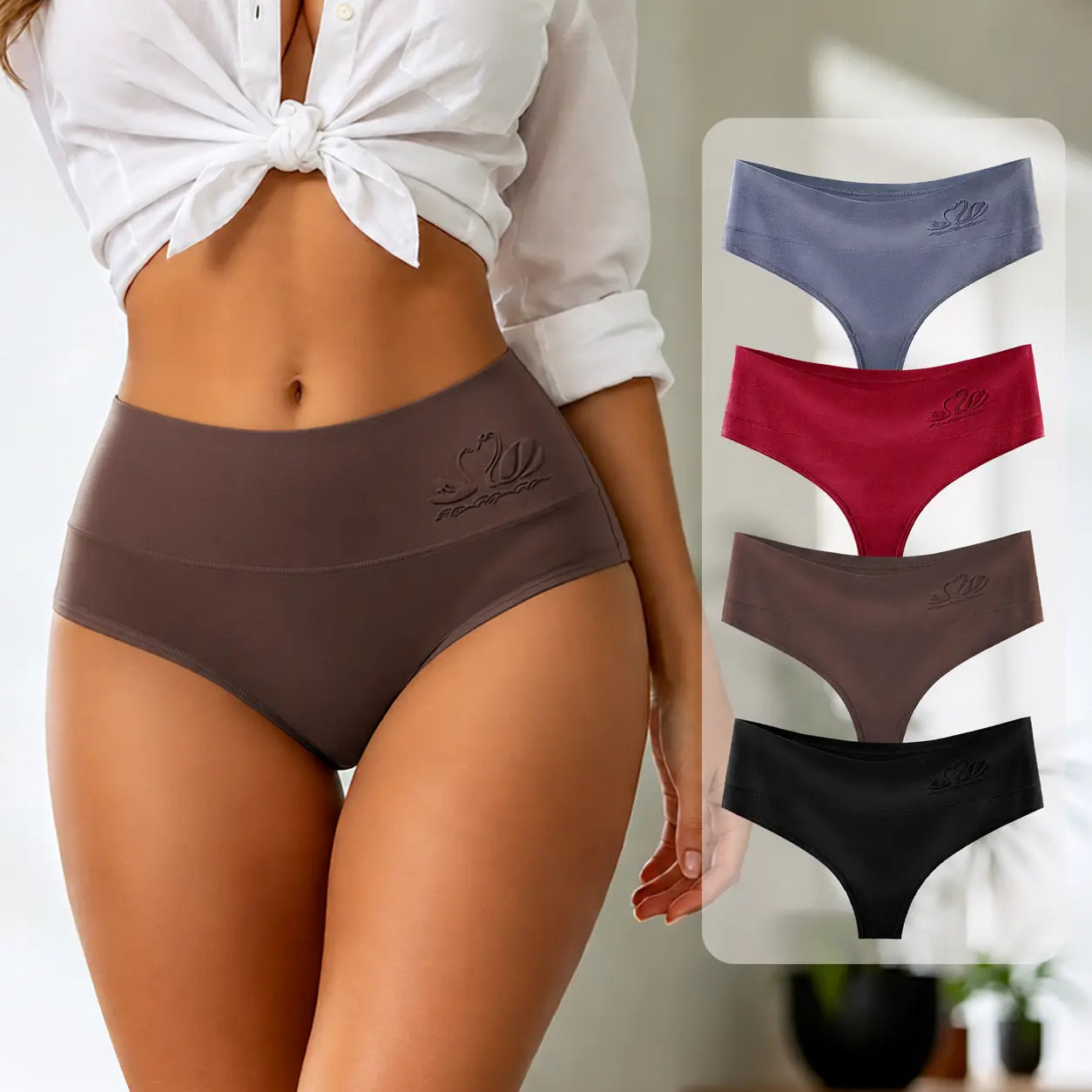 HOTCOM Women’s High-Waist High-Cut Briefs 4-Pack, SoHoChic Minimalist Seamless 95% Cotton Underwear, Comfy Breathable Knickers for Everyday Wear, S-3XL