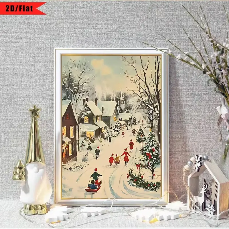 Winter Village Skiing And Skating Decoration, Retro Christmas Poster
