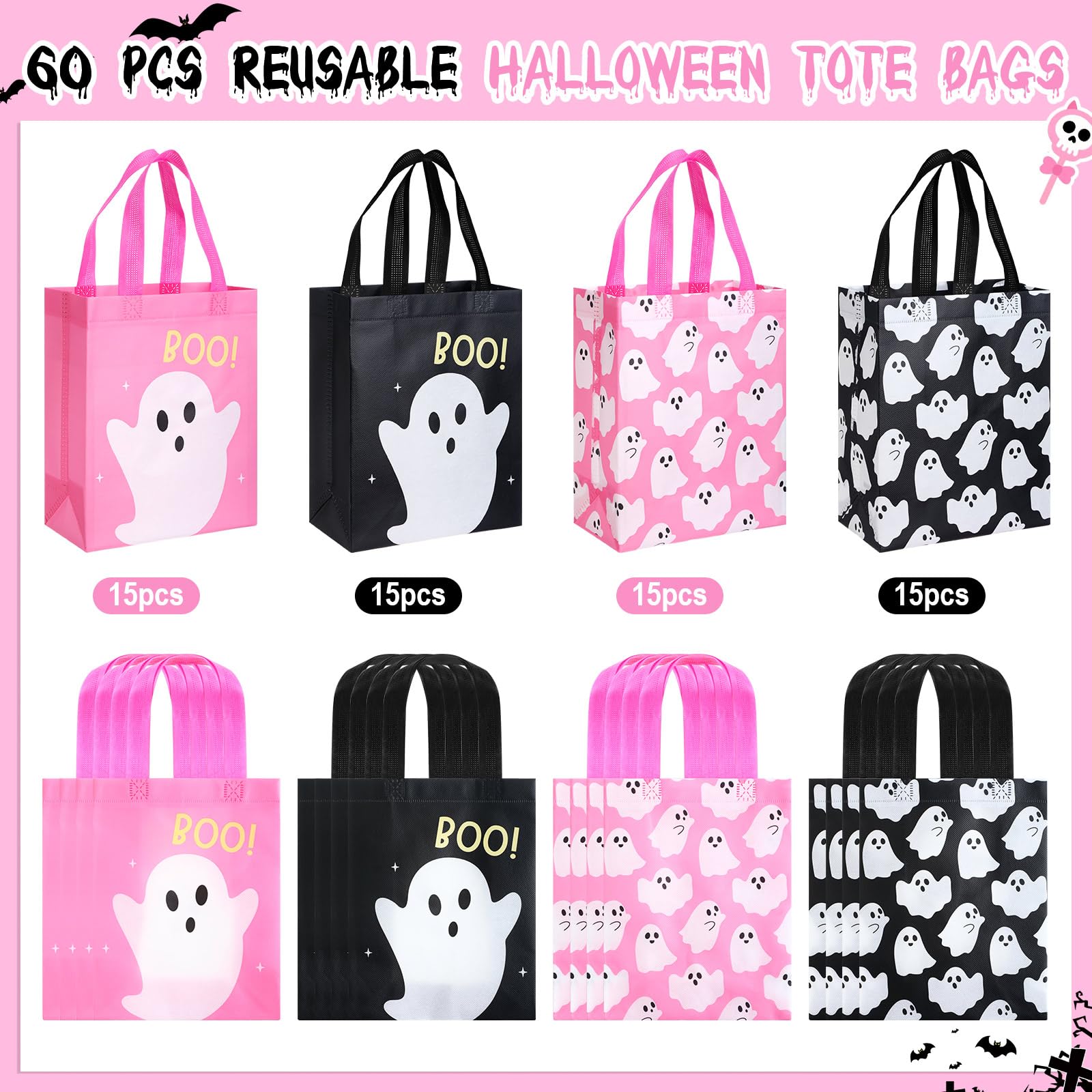 30 Pcs Halloween Candy Bags Non Woven Gift Bags with Handle Trick or Treat Bags with Ghost Vampire Zombie Bat Black Cat Patterns,Snack Goodie Bags for Students Adults,Halloween Birthday Party Favor Supplies