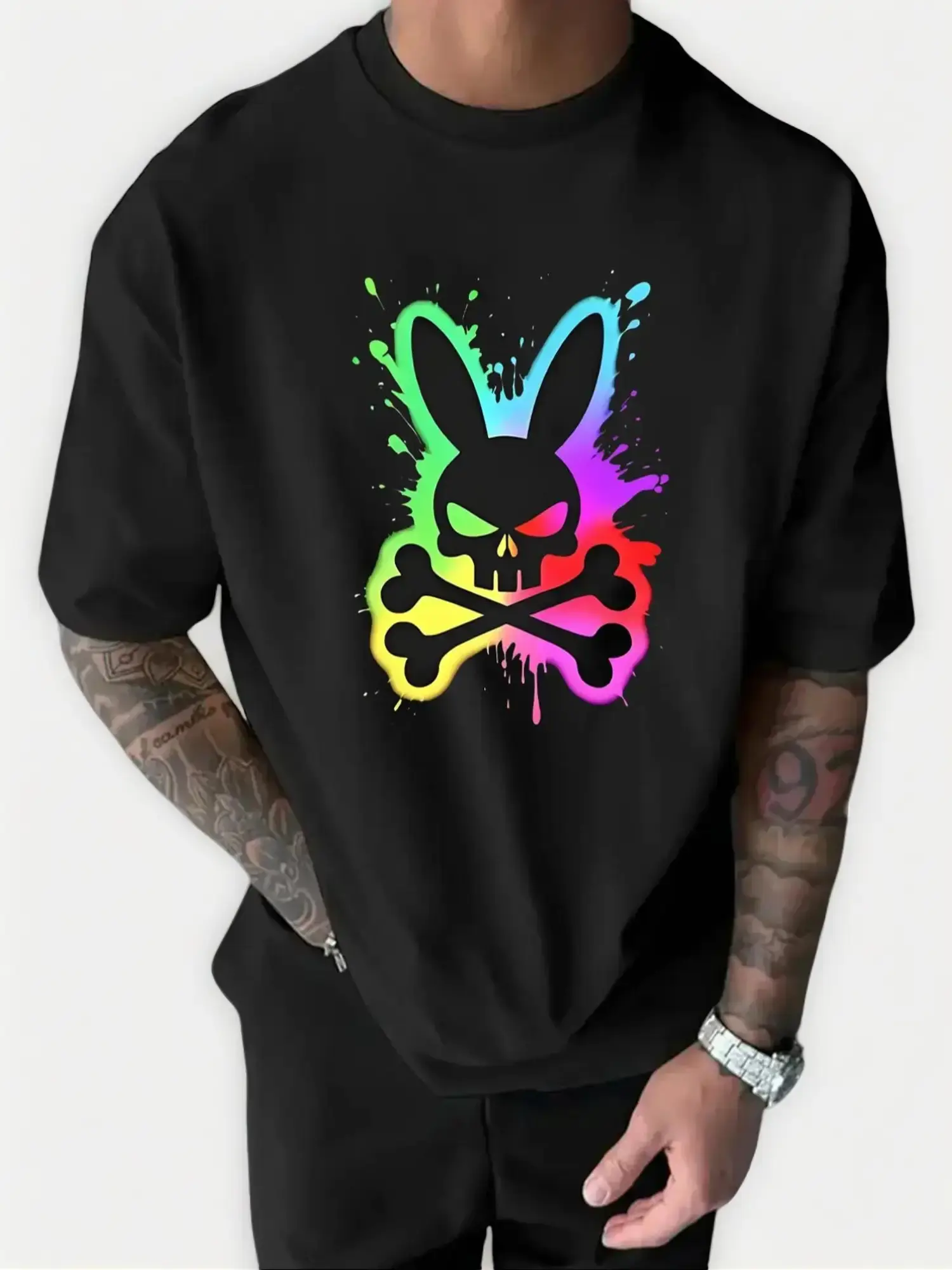 Men's Cotton Soft Fabric Short-Sleeve T-Shirt - Fun Rabbit Graphic Print, Loose-Fit, Summer Casual Menswear Essential Top, Mens Tshirt