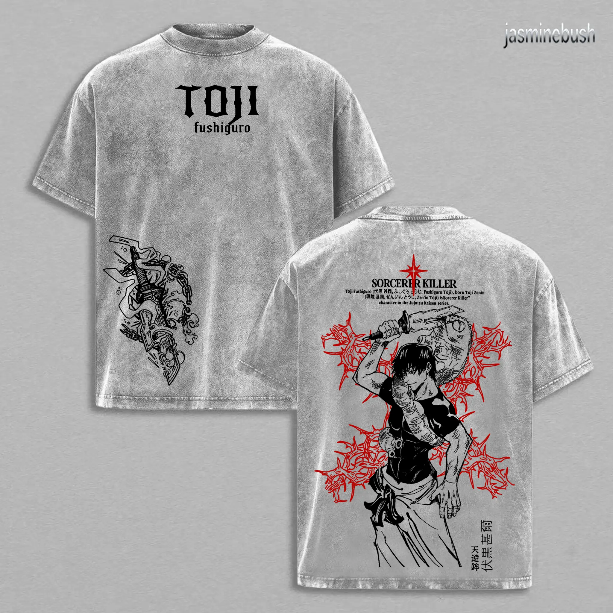 Women's Jujutsu Kaisen Toji Fushiguro Bold Graphic Tee - Vintage Heavy Cotton, Oversized Drape Easy Fit, Double Front-Back Anime Art, Short Sleeves Unisex Anime Manga Casual Streetwear Top (Shibuya x Culling Collaboration)