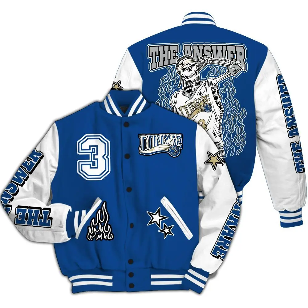 Varsity Jacket To Match Air Ship Royal Blue - Allen Answer Skeleton All Over Print, Baseball Football Jacket, Varsity Sportwear Style, Unisex Casual Look