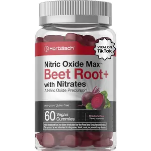 Horbäach Nitric Oxide Beet Root Gummies | 60 Chews| with Nitrates, Vitamin C & Black Pepper | for Men & Women | Strawberry Flavor | Vegan, Non-GMO, Gluten Free Supplement