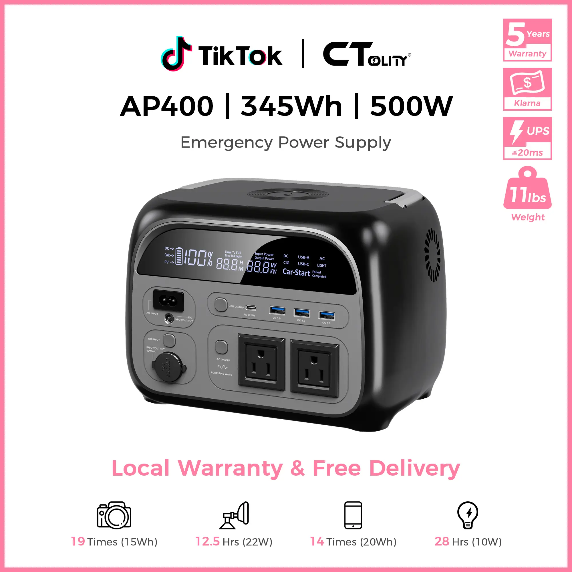 Summerwins][Camping Essentials 2026 / Camping Gear] CTOLITY AP400 500w  345WH Powerbank Power Supply Lifepo4 Battery