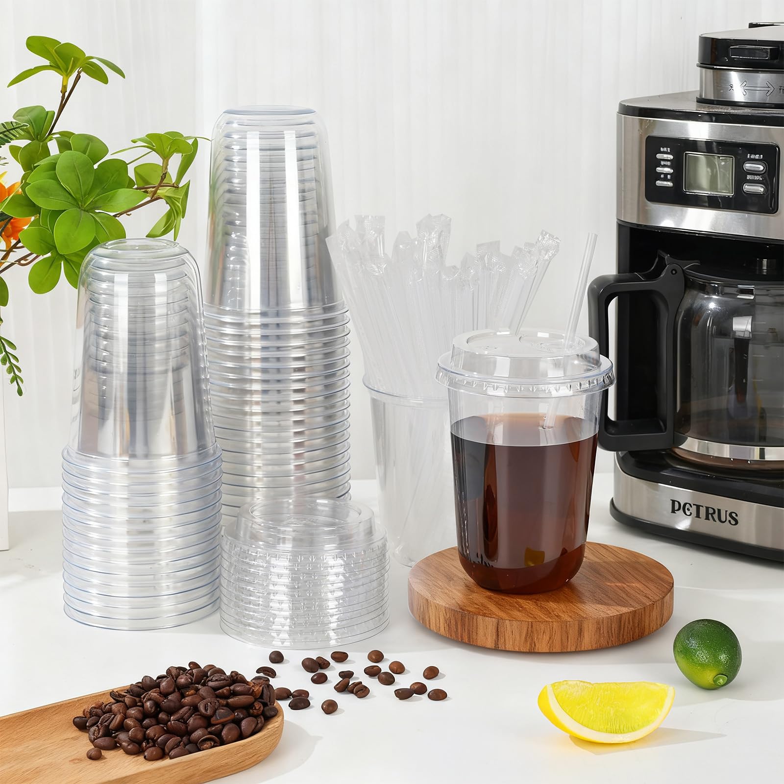 50 Set 16oz Clear Plastic Cups with Lids & Straws, Disposable Round Bottom To Go Iced Coffee Drinking Cup for Cold Beverage Smoothies Juice Lemonade Slushies Milkshake Party Catering Supplies