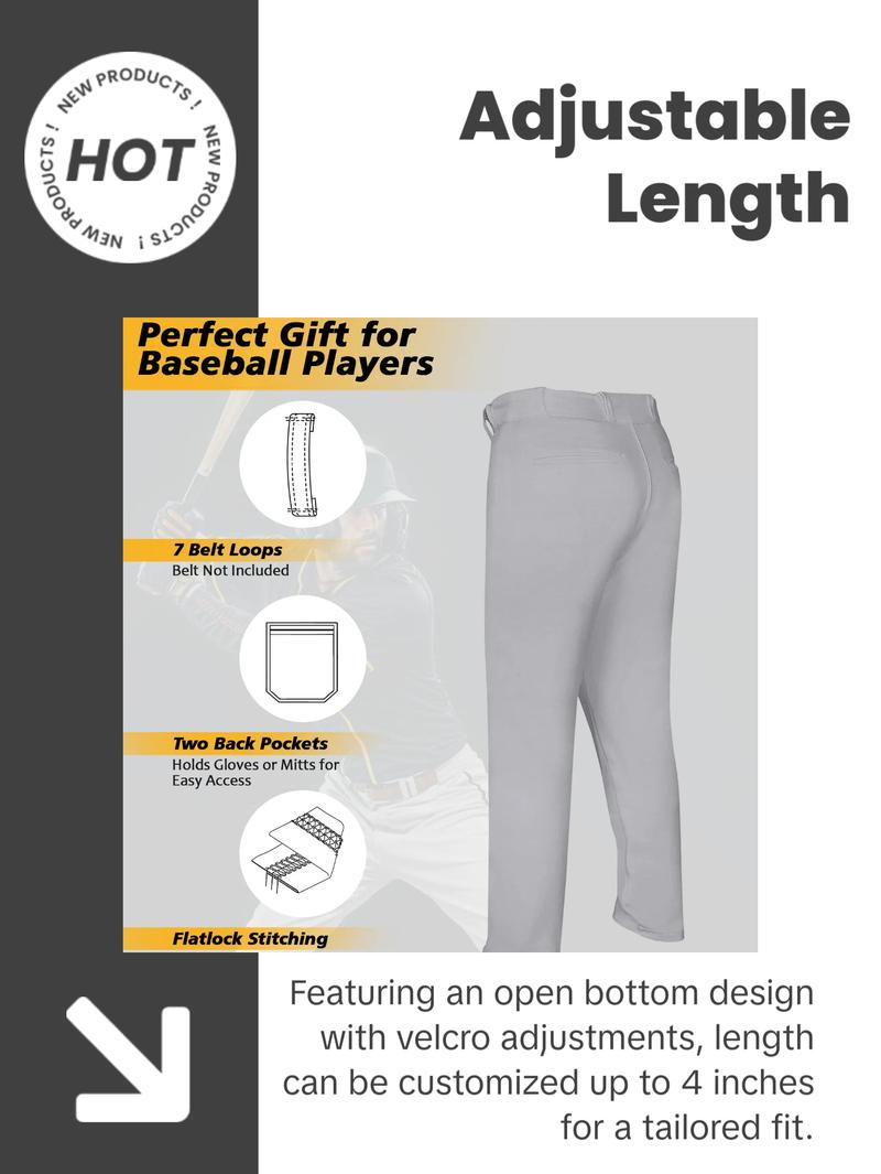 Penveer Full Length Men's Baseball Pants, Open Bottom, Loose Fit Adult Baseball Pants with Adjustable Length (Grey)