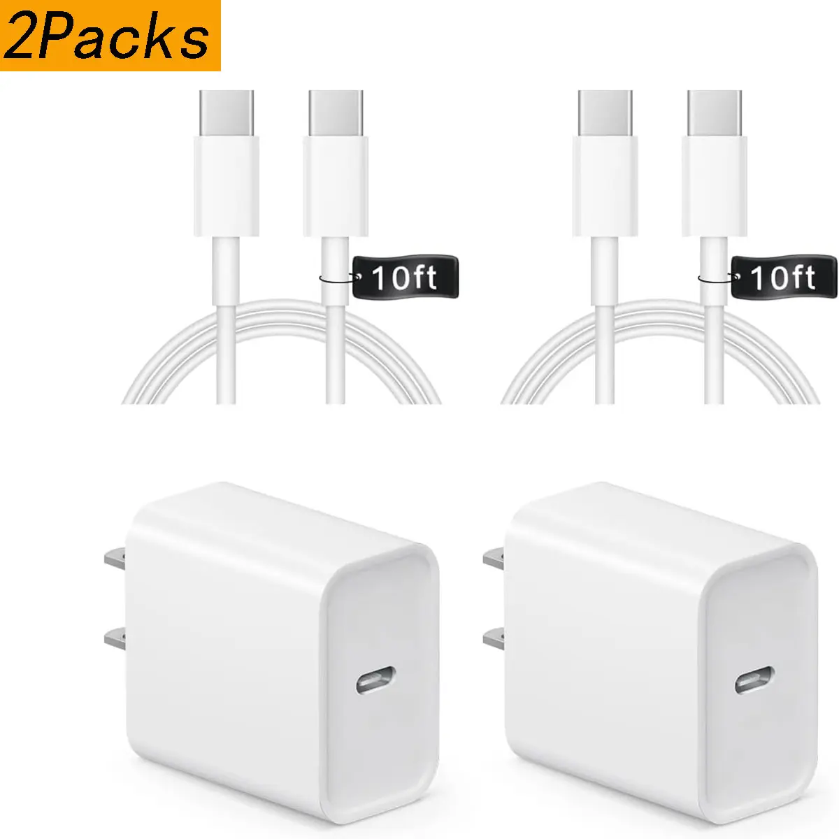 2-Pack 20W PD USB-C Wall Charger with 6FT/10FT Type-C to C Cable for iPhone 17/16/15 Series, iPad Pro, Air, Mini, Samsung Galaxy, Charging Device