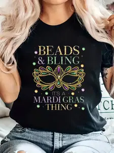 Unisex 100% Cotton Crew Neck Mardi Gras T-Shirt - "It's a Mardi Gras Thing" Glitter Lettering, Sequin Mask Prints, Soft Stretchy Short Sleeve Top, Fashion Everyday Wear, Carnival Party Costume Apparel