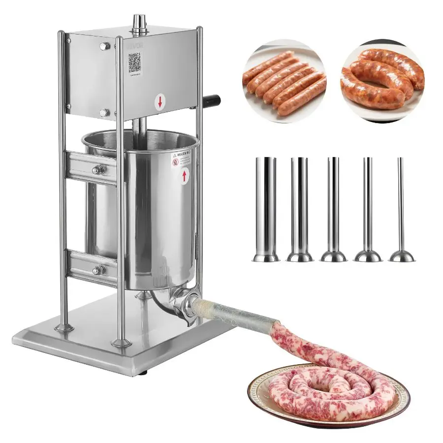 VEVOR Manual Sausage Stuffer, 22 lbs/10 L Vertical Heavy-Duty Stainless Steel Meat Filler, Dual-Speed Casing Filling Machine with 5 Stuffing Tubes for Commercial & Home Use