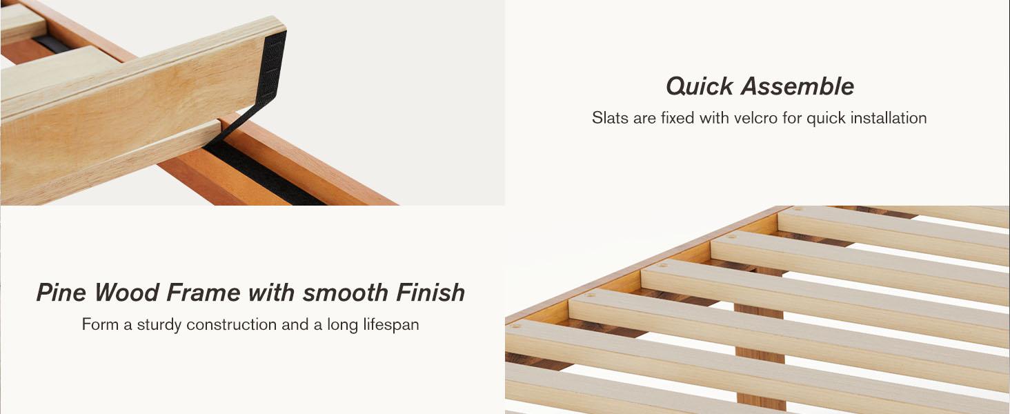 Solid Wood Bed Frame, Bed Base with Wood Slat Support, Sturdy & Stylish Design, No Box Spring Needed, Easy Assembly, 12 in Natural Pine