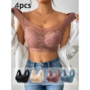 4pcs of mixed color Women's lace contrast underwear, daily bra, no steel ring underwear and bra Bralette Womenswear Polyester Fabric（gift）