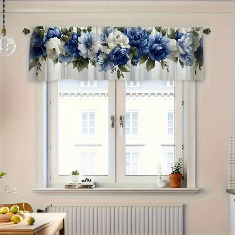 1pc Blue And White Floral Print Short Windows Curtain Valance, Room Decor, Fall Home Decor, Multi-scene Decorative Window Curtains Cabinet Curtain for Kitchen Bathroom Bedroom, Short Curtain Rod Pocket, Window Treatments