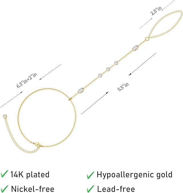 Tewiky 14K Gold Plated Hand Chain Copper Bracelet for Women, 14K Gold Plated Finger Ring Bracelet for Women Trendy, Dainty Simple Waterproof Bracelet Fashion Jewelry for Women For Valentine's Day gifts