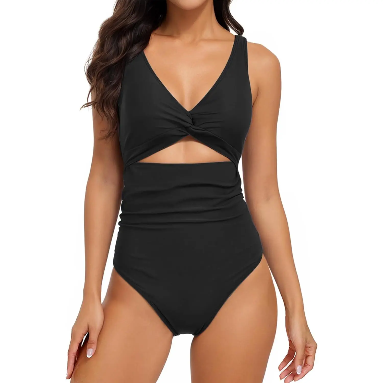 Women's V-Neck Cutout One-Piece Swimsuit - Twist Front Tummy Control Bathing Suit for Beach & Pool, Swim Bodysuit, Cutout Bathing Suits